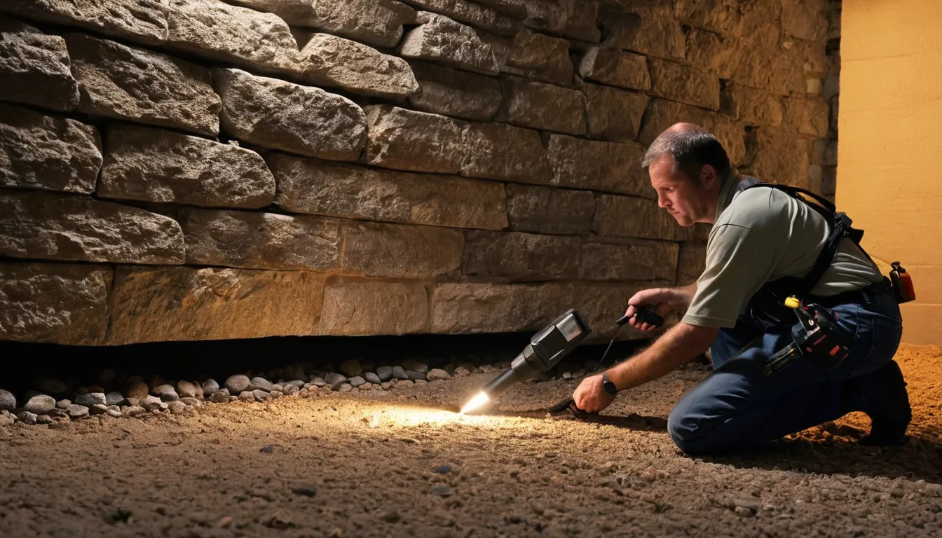 Provider checking a basement stone foundation for pest entry points in the Cranston area